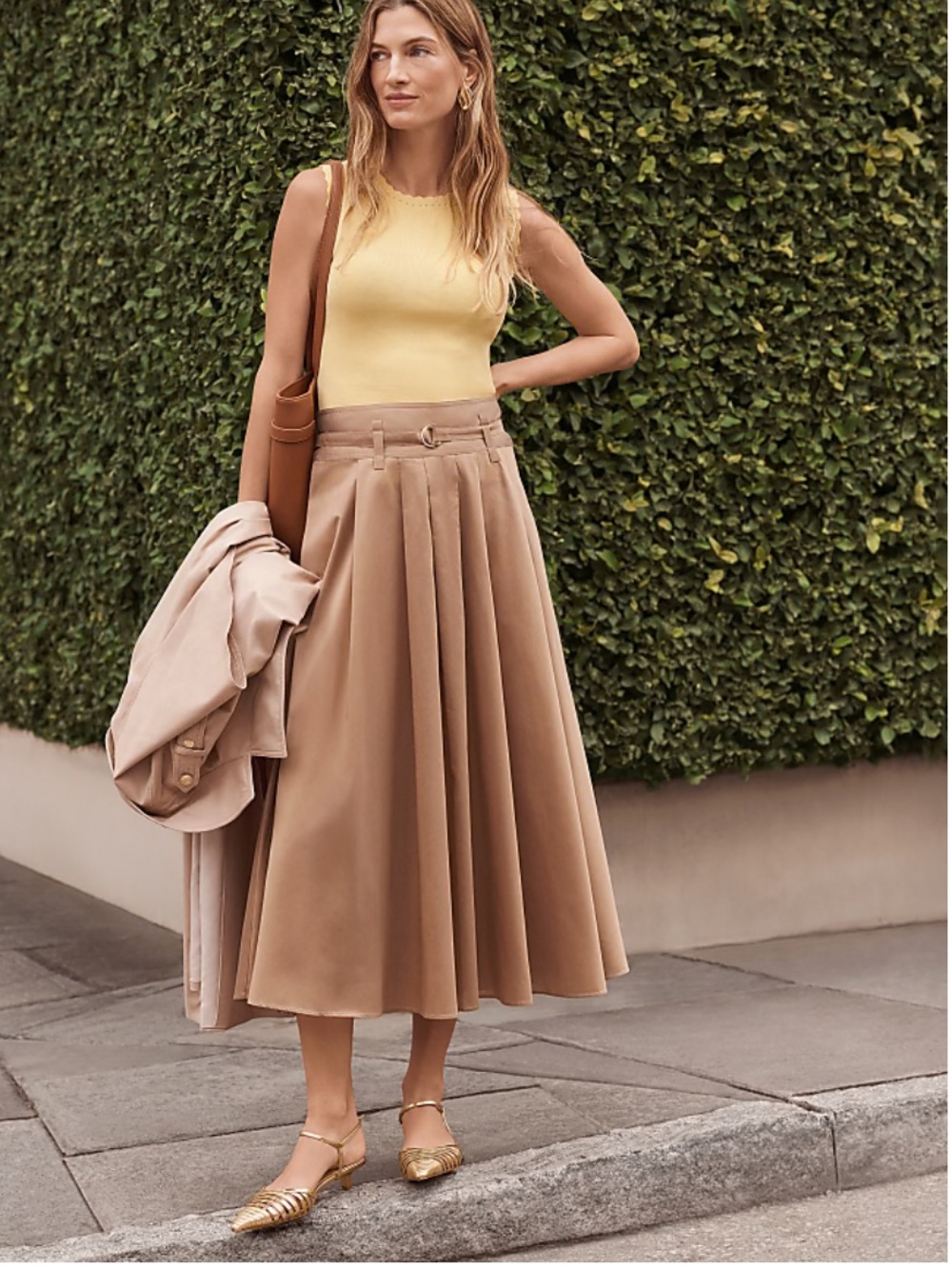 Belted Pleated Midi Skirt - Camel tan